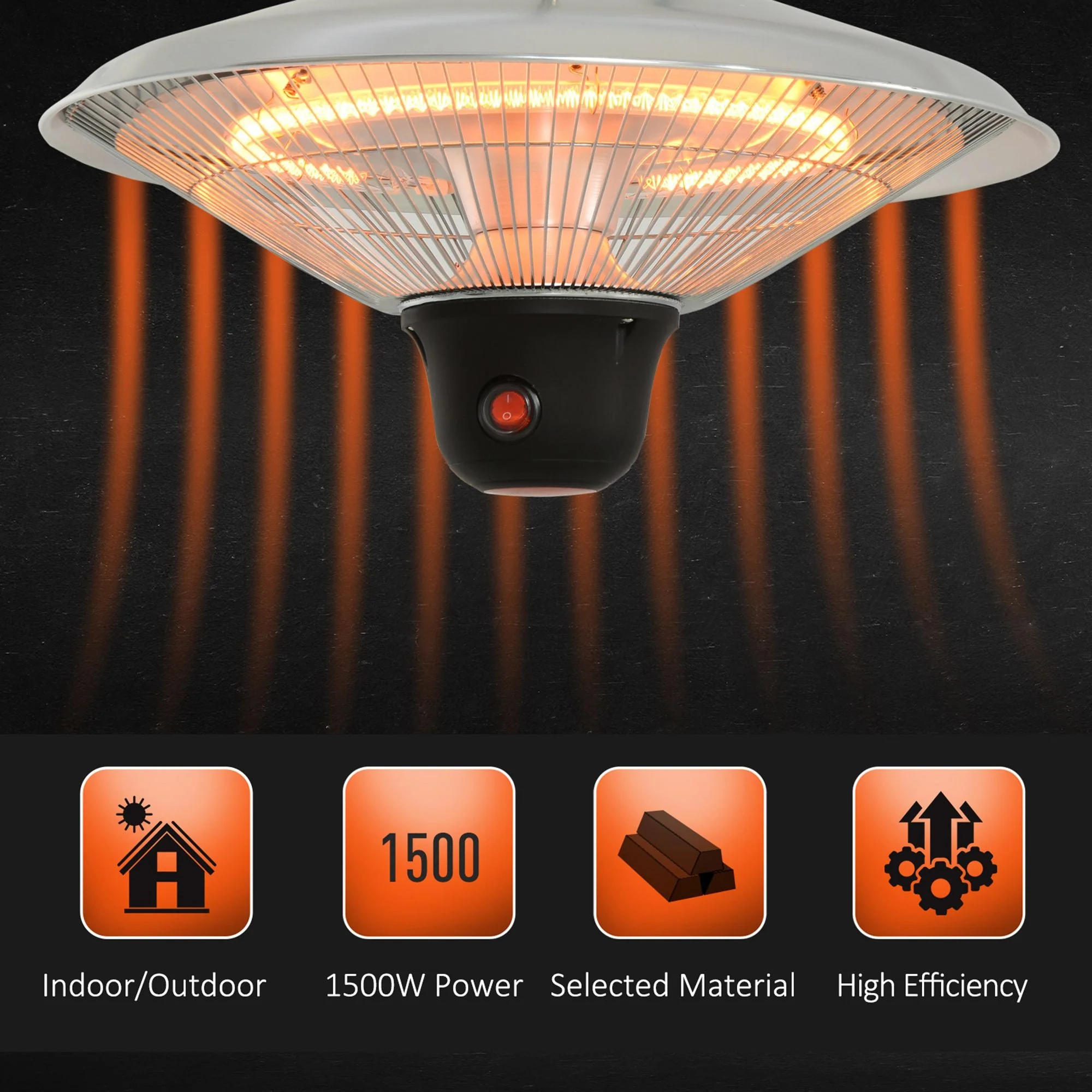 1500W Patio Heater Outdoor Ceiling Mounted Aluminium Halogen Electric Hanging Heating Light with Remote Control and 3 Heat Settings - Image 5