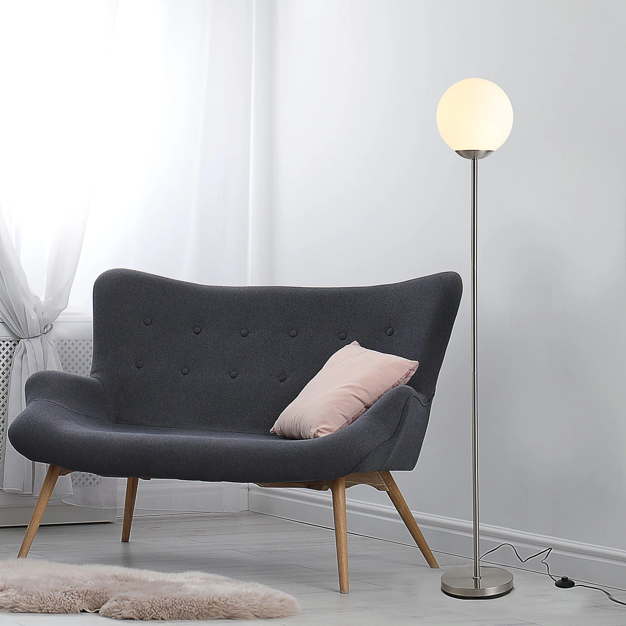 171cm Glass Globe Floor Lamp Metal Frame Sphere Light Pedal Switch Home Office Living Room Modern Unique Standing Beautiful Furnishing - Grey - Image 2