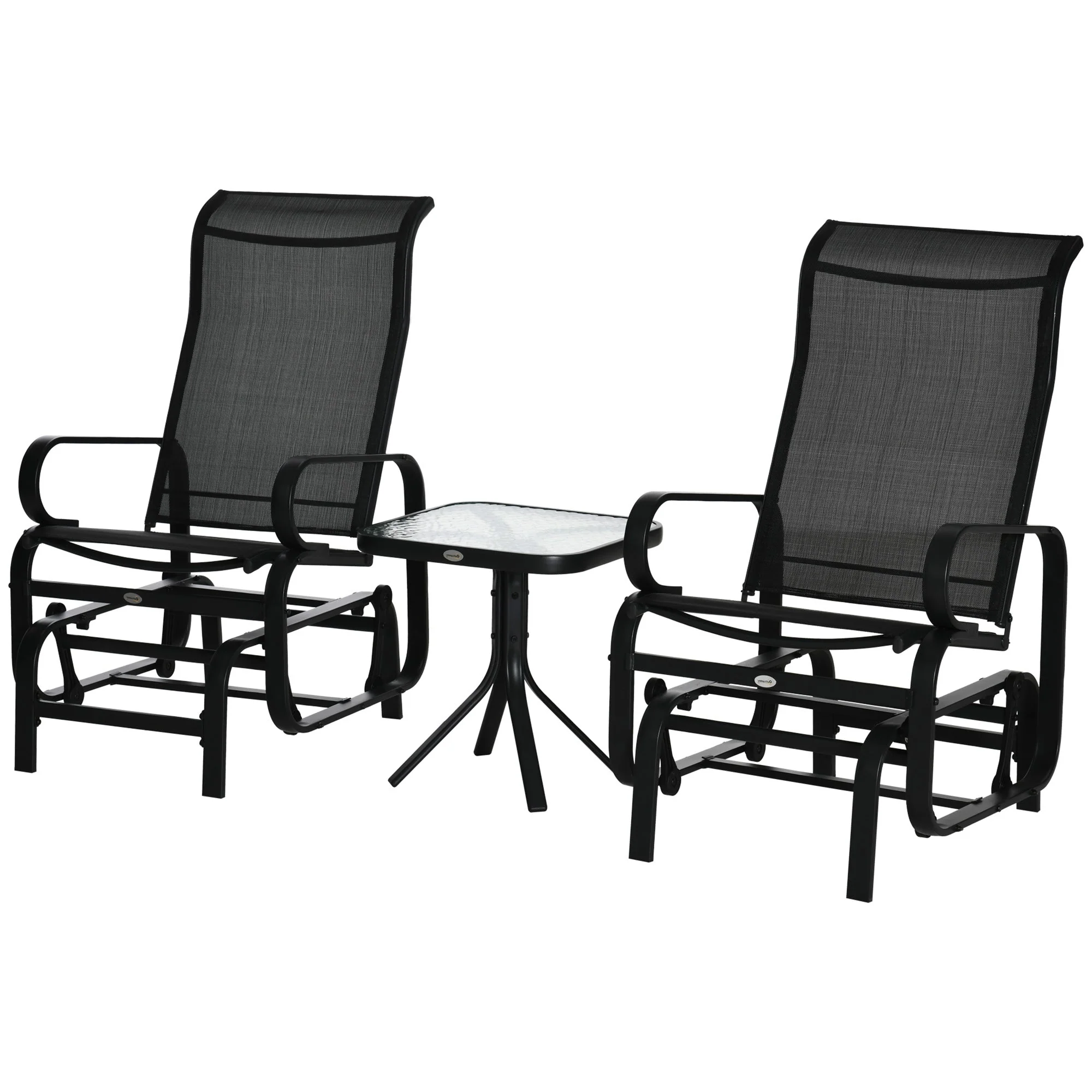 3-Piece Metal Outdoor Gliding Rocking Chair With Tea Table Patio Garden Comfortable Swing Chair Black