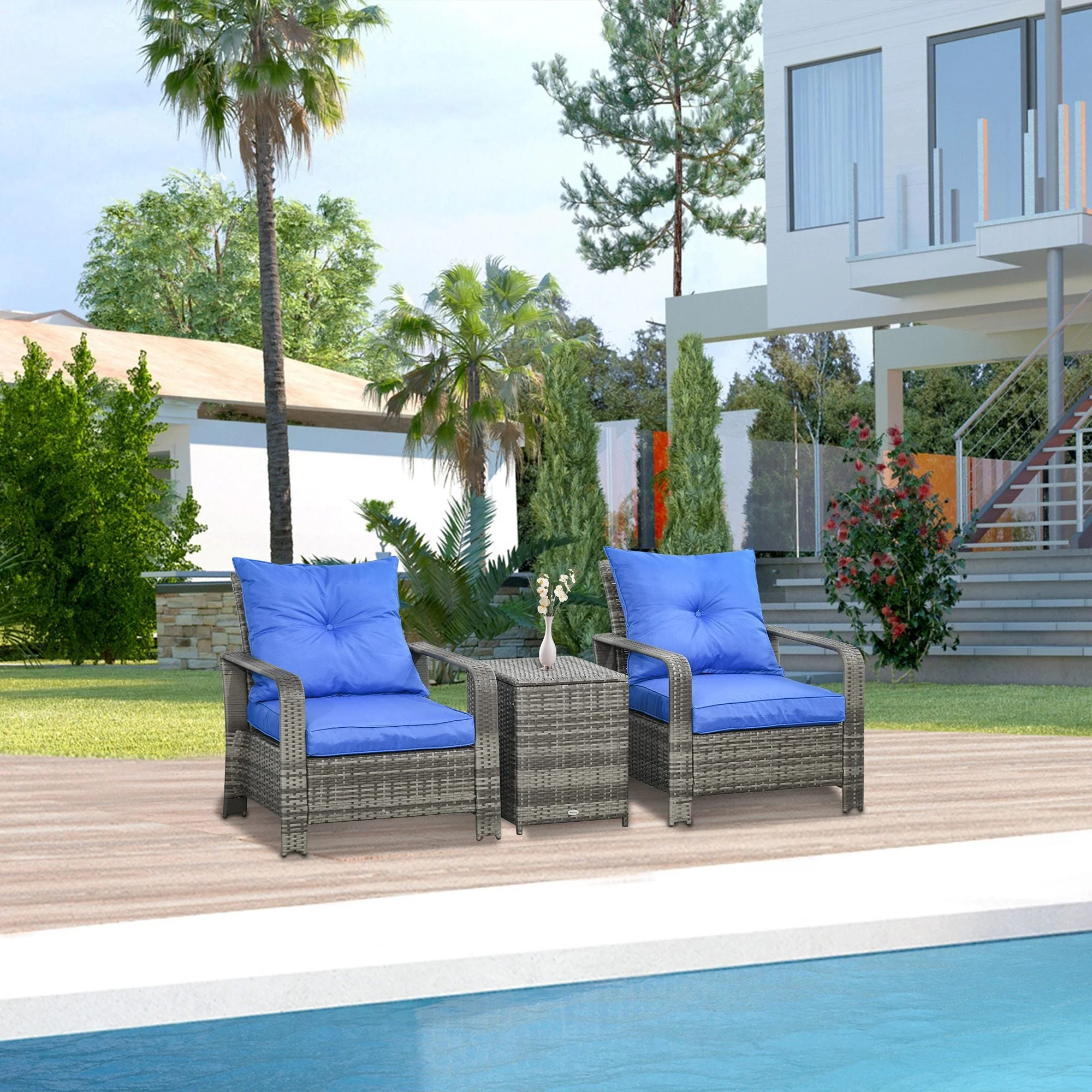 3-Piece PE Rattan Wicker Garden Furniture Patio Bistro Set Weave Conservatory Sofa Storage Table and Chairs Set Blue Cushion Grey Wicker
