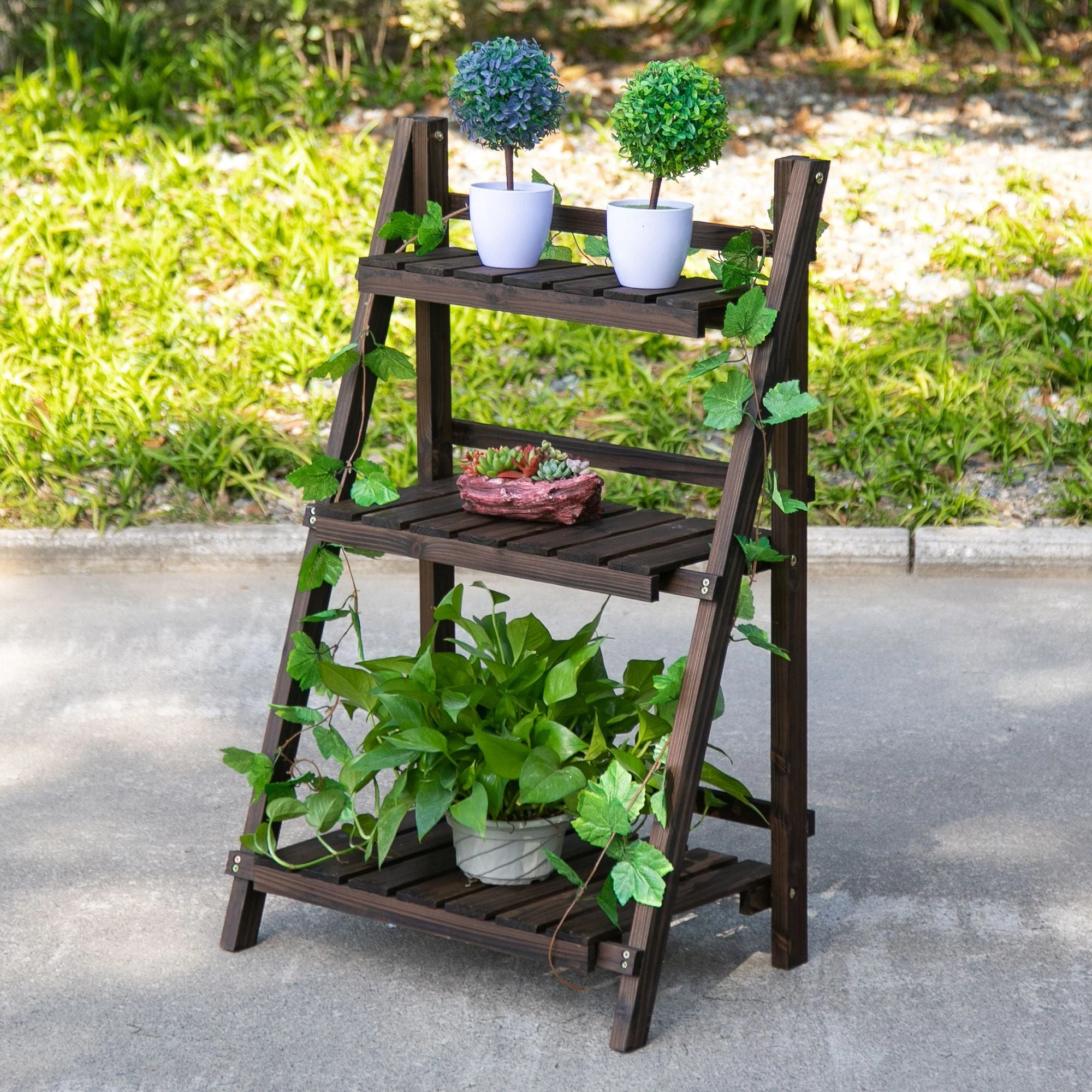 3-Tier Wooden Plant Shelf Foldable Plant Pots Holder Stand Indoor Outdoor 60L x 37W x 93H cm - Image 2