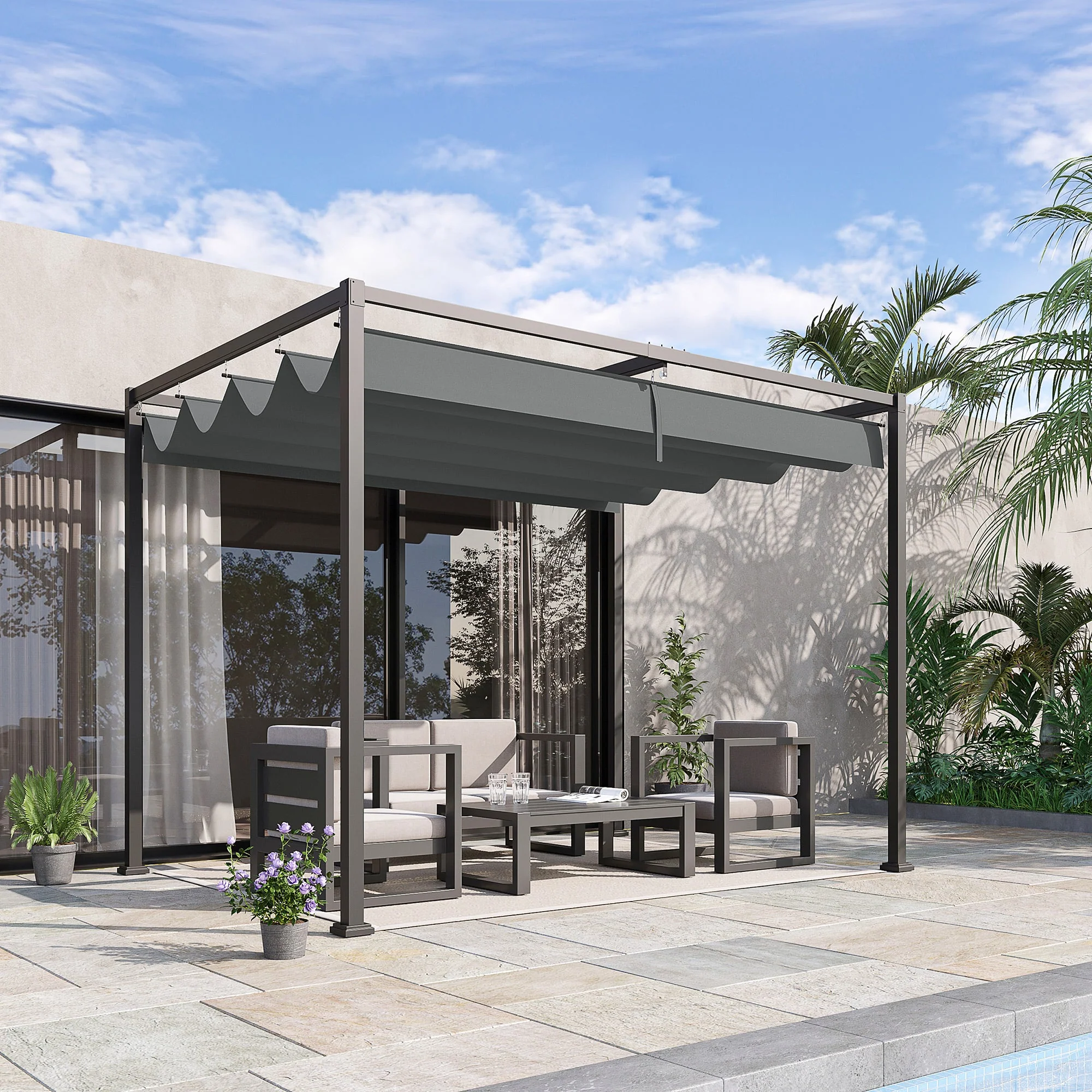 3 x 2m Metal Pergola Gazebo Patio Sun Shelter Grape Tent Retractable Canopy Grey