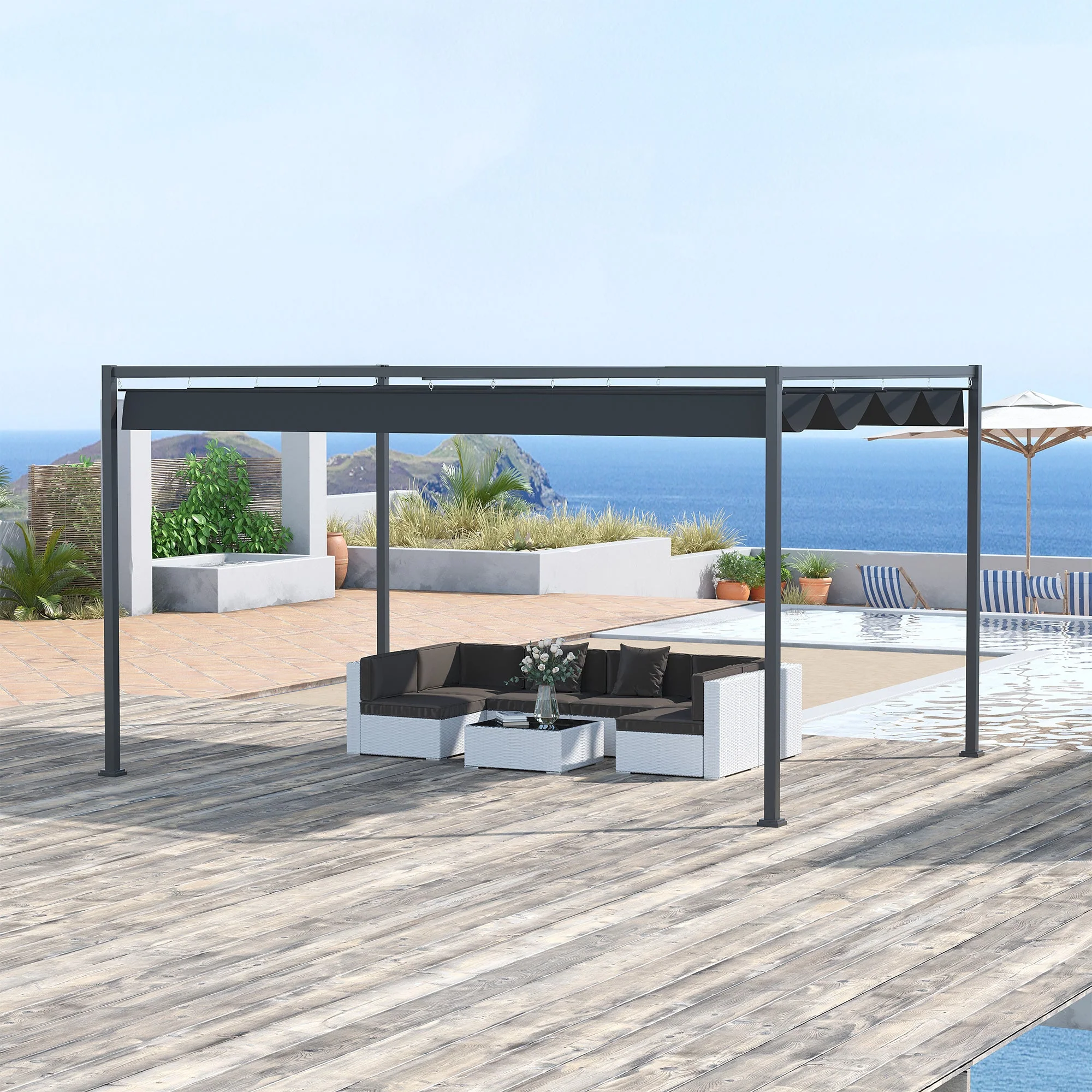 4 x 3M Metal Pergola Gazebo Patio Sun Shelter Grape Tent Retractable Canopy Grey