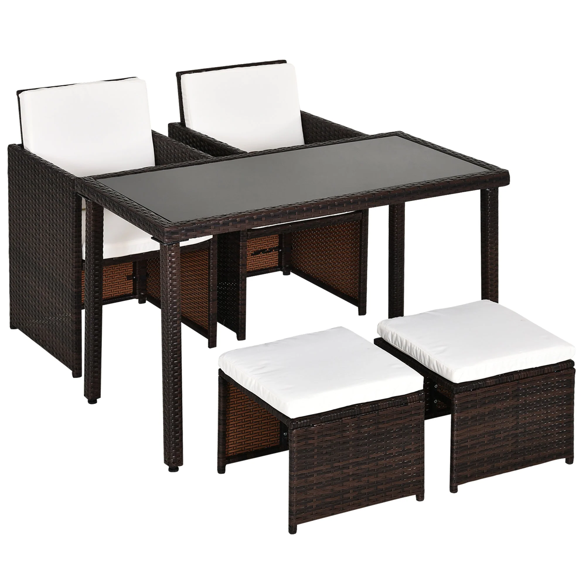 5-Piece Rattan Garden Furniture Space-saving Wicker Weave Sofa Set Conservatory Dining Table Table Chair Footrest Cushioned Brown