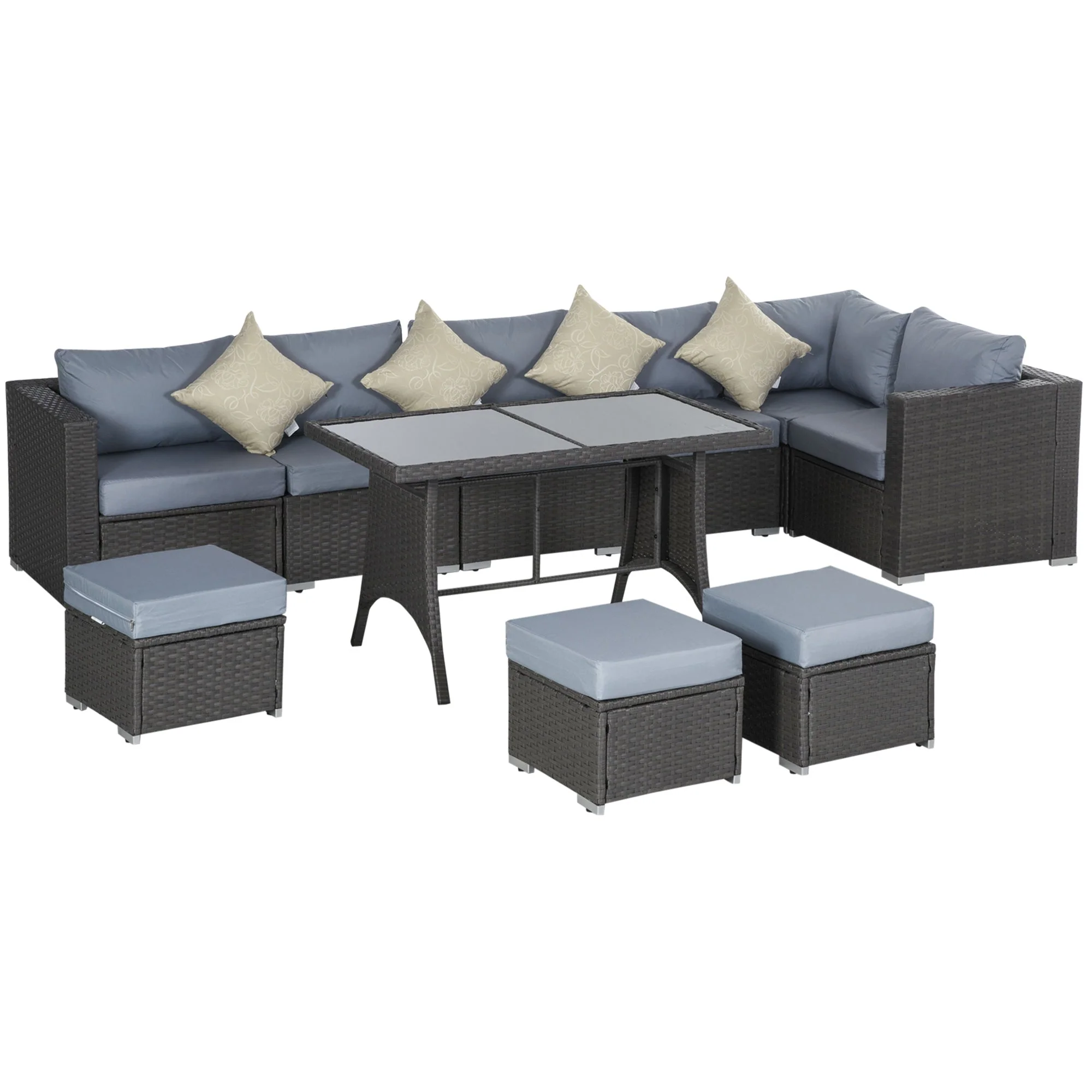 9 Seater Garden Rattan Furniture 10-Piece Rattan Corner Dining Sofa Set