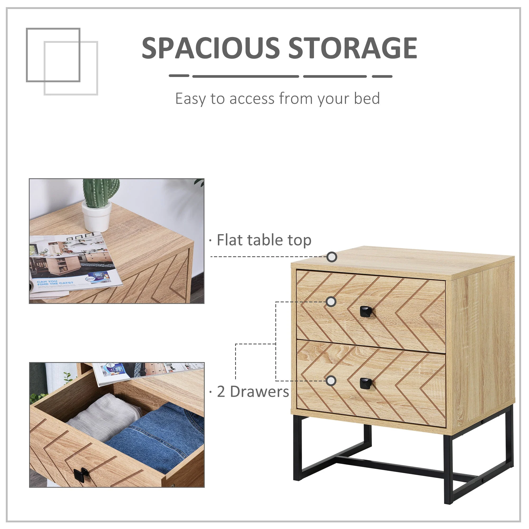 Bedside Table 2 Drawer Unit Zig Zag Design Nightstand w/ Black Metal Handles Melamine Finish - Image 4