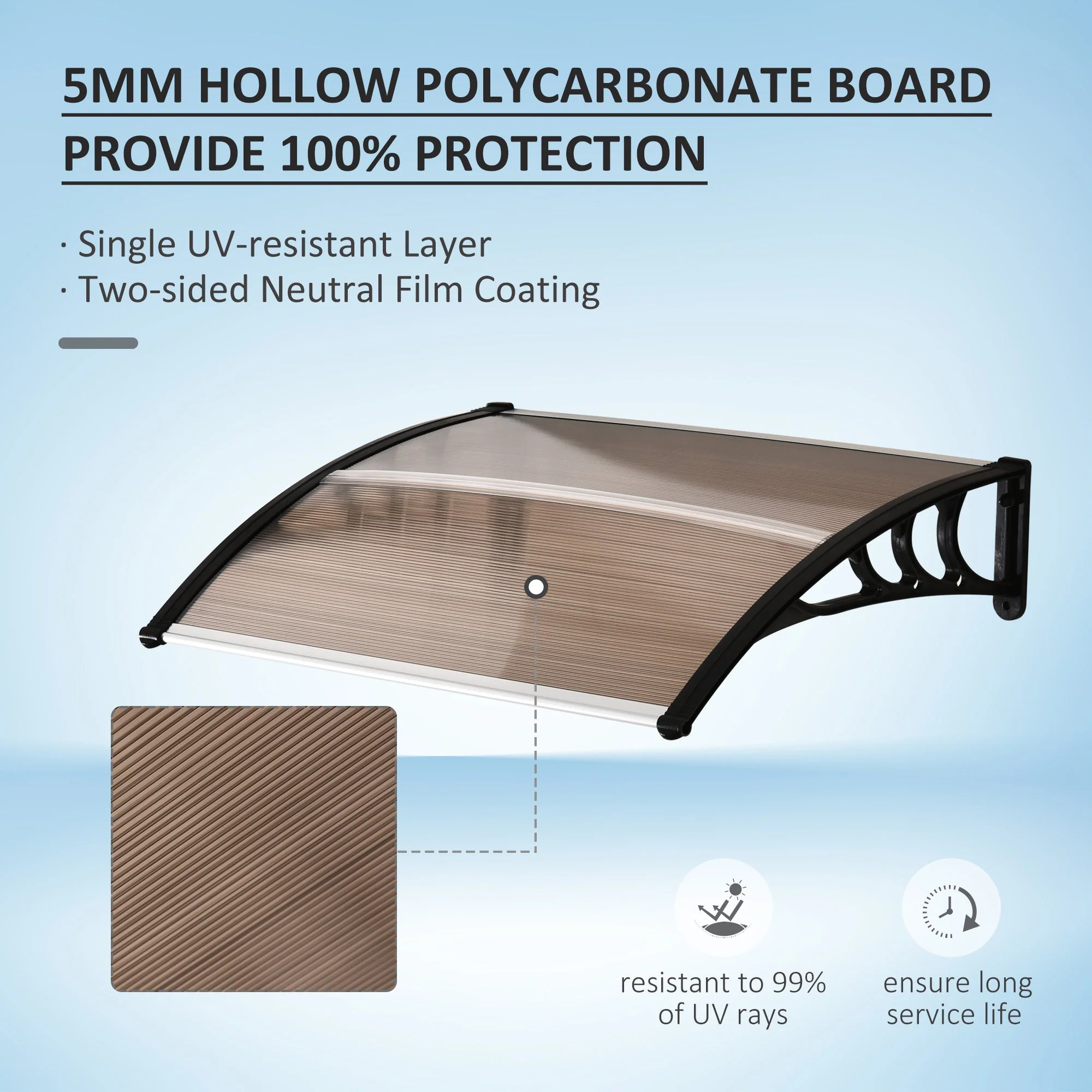 Curved Window Door Canopy Aluminium Rigid Plastic Polycarbonate Fixed Outdoor Awning Modern Design UV Water Rain Resist 100 x 75cm Brown - Image 4
