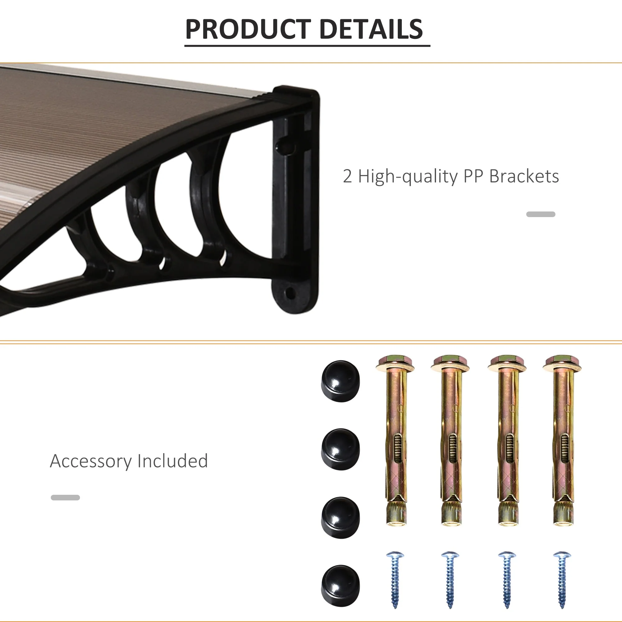 Curved Window Door Canopy Aluminium Rigid Plastic Polycarbonate Fixed Outdoor Awning Modern Design UV Water Rain Resist 100 x 75cm Brown - Image 5
