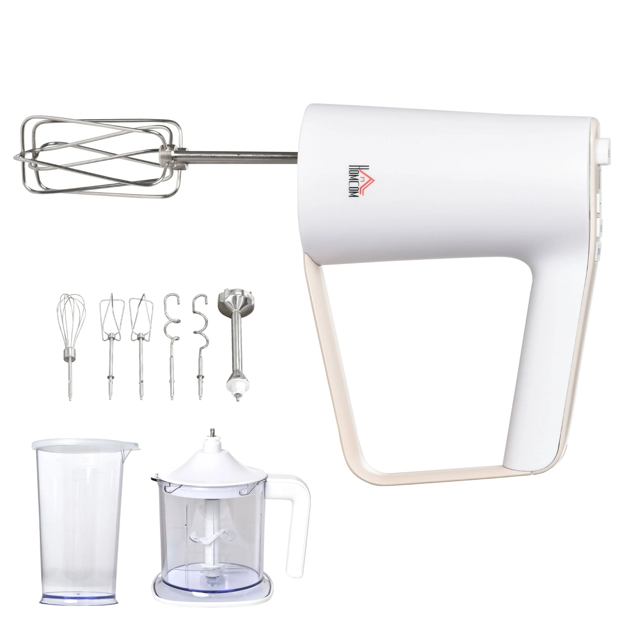 Five-In-One Hand Mixer 500W Electric Whisk Five Speed w/ Stainless Steel Dough Hook Beater Blender Chopper for Kitchen Baking - White - Image 2