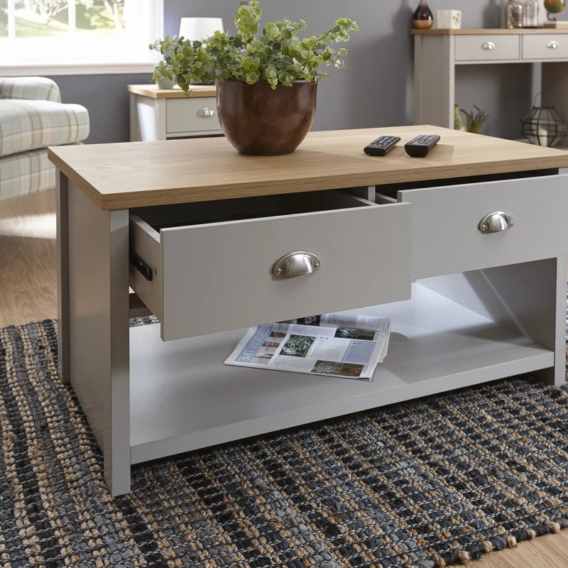 Lancaster Coffee Table Grey 1 Shelf 2 Drawers - Image 3