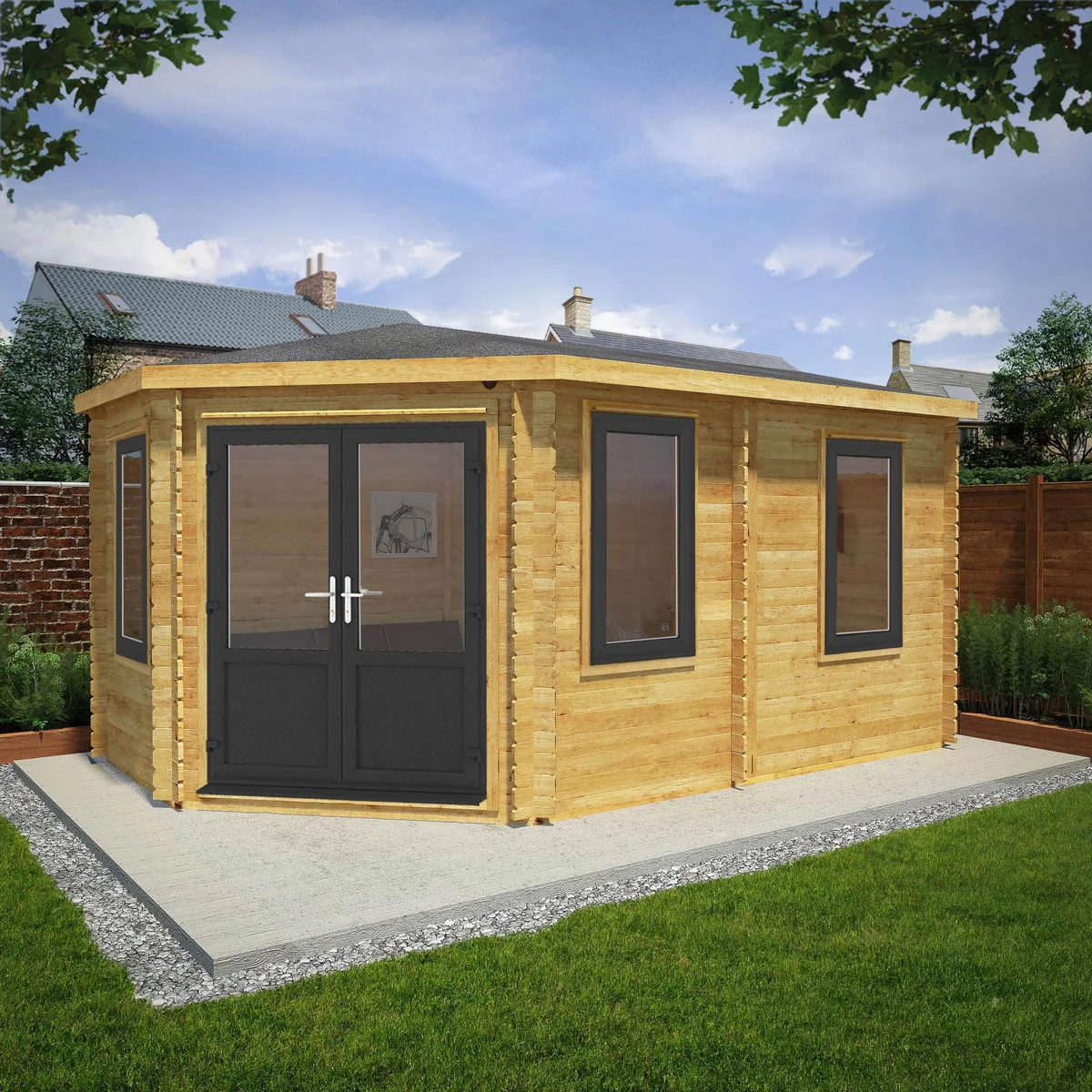 Mercia Corner 10' 4" x 16' 8" Hip Log Cabin - Premium 44mm Cladding Loglap - Grey UPVC