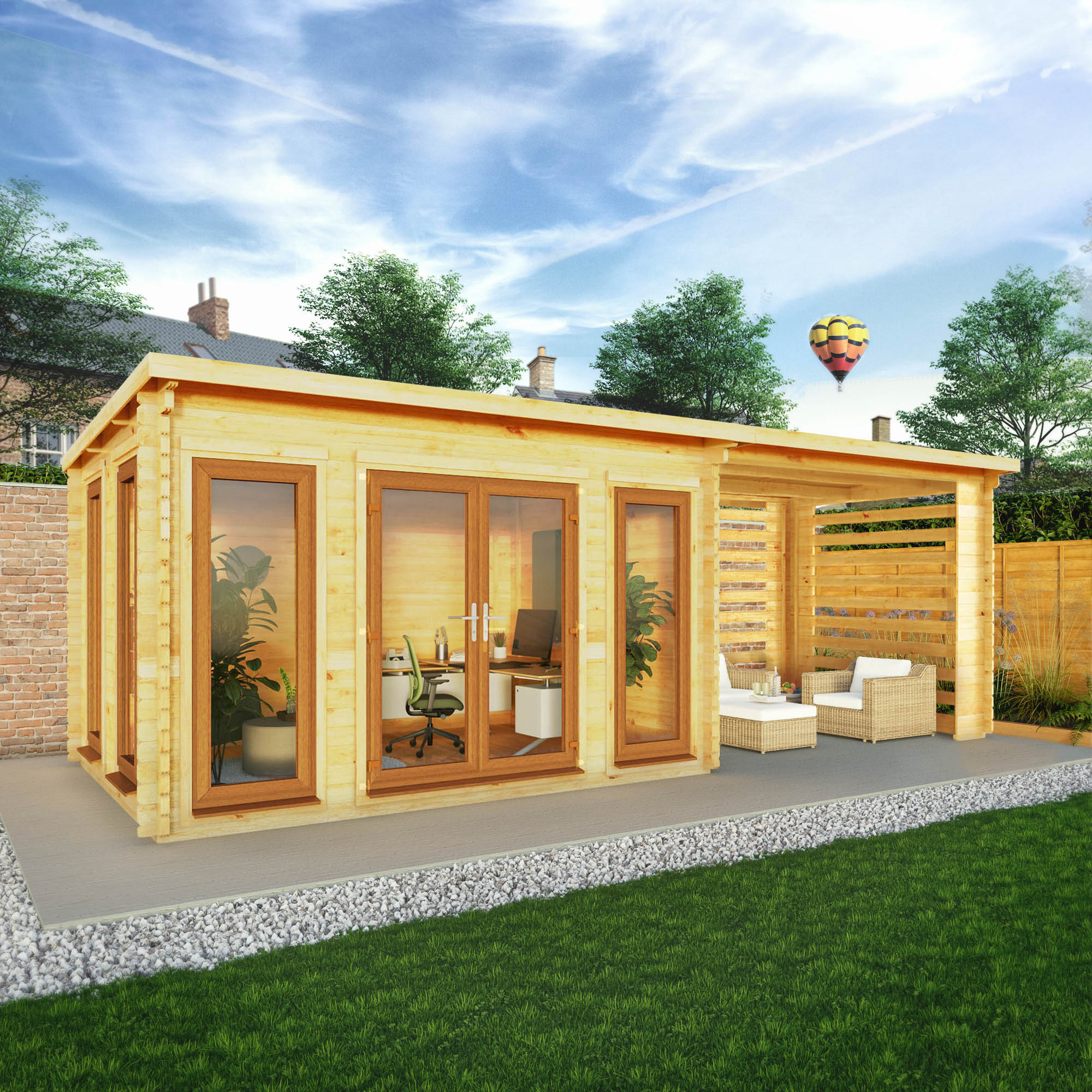 Mercia Studio 10' 11" x 22' 8" Pent Log Cabin Slatted - Premium 44mm Cladding Loglap - Brown UPVC