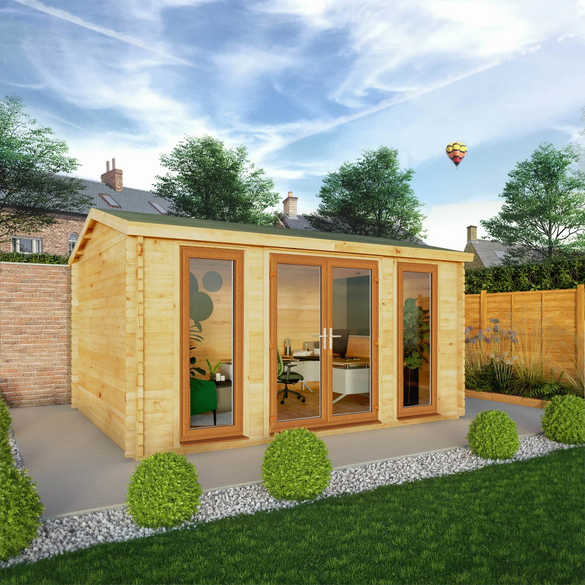 Mercia Studio 11' 11" x 14' 10" Apex Log Cabin - Premium 44mm Cladding Loglap - Brown UPVC