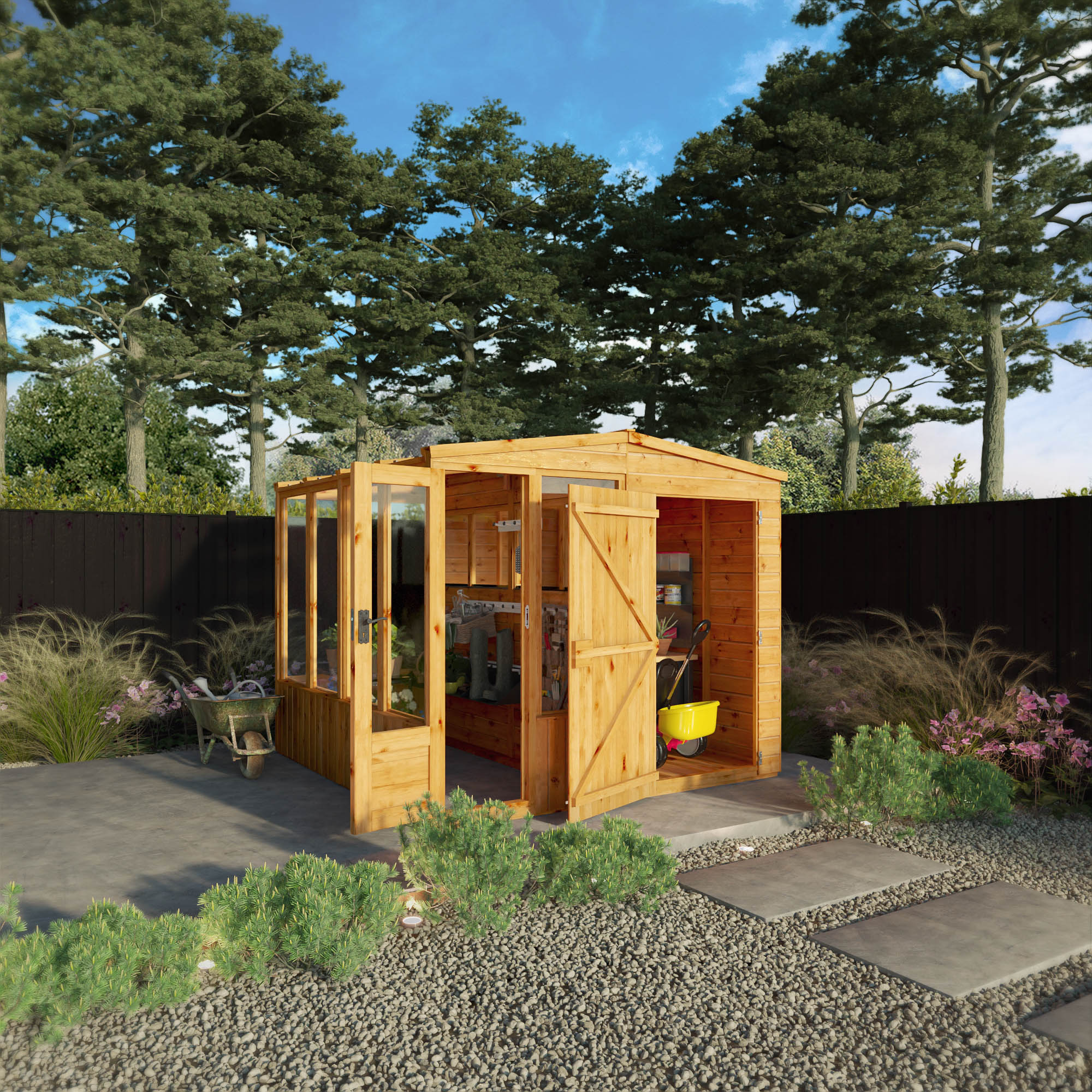 Mercia Woodsman 8' 4" x 8' Apex Combi Greenhouse Shed - Premium Dip Treated Shiplap- Glass Windows