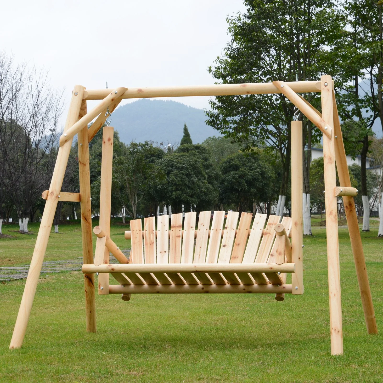 Outdoor 2 Seater Swing Chair Larch Wood Garden Swing Seat Porch Hammock Bench Lounger