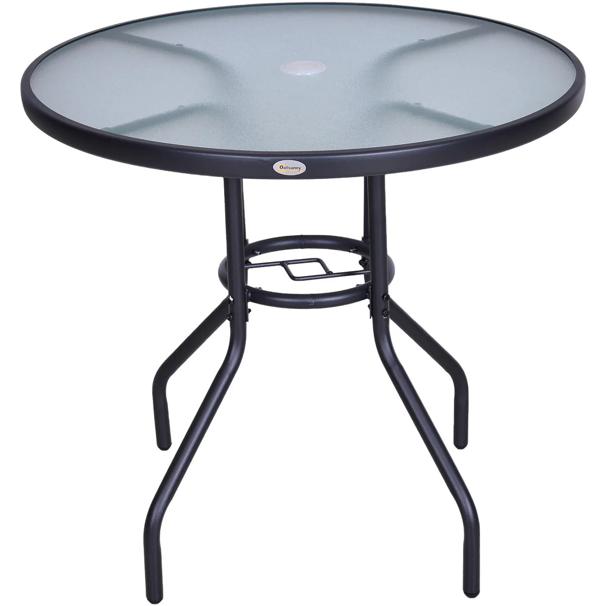 Outdoor 80cm Round Dining Table Tempered Glass Top Steel Frame Bistro Coffee End Side Table Garden w/ Parasol Hole
