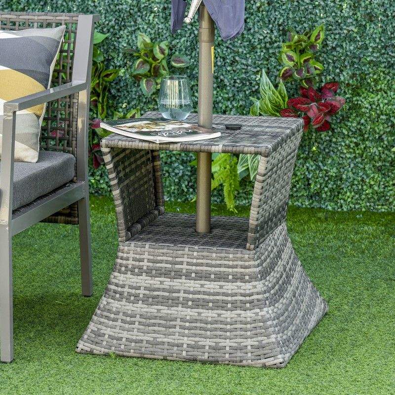 Outsunny Outdoor Patio Rattan Wicker Coffee Table Bistro Side Table w/ Umbrella Hole and Storage Space