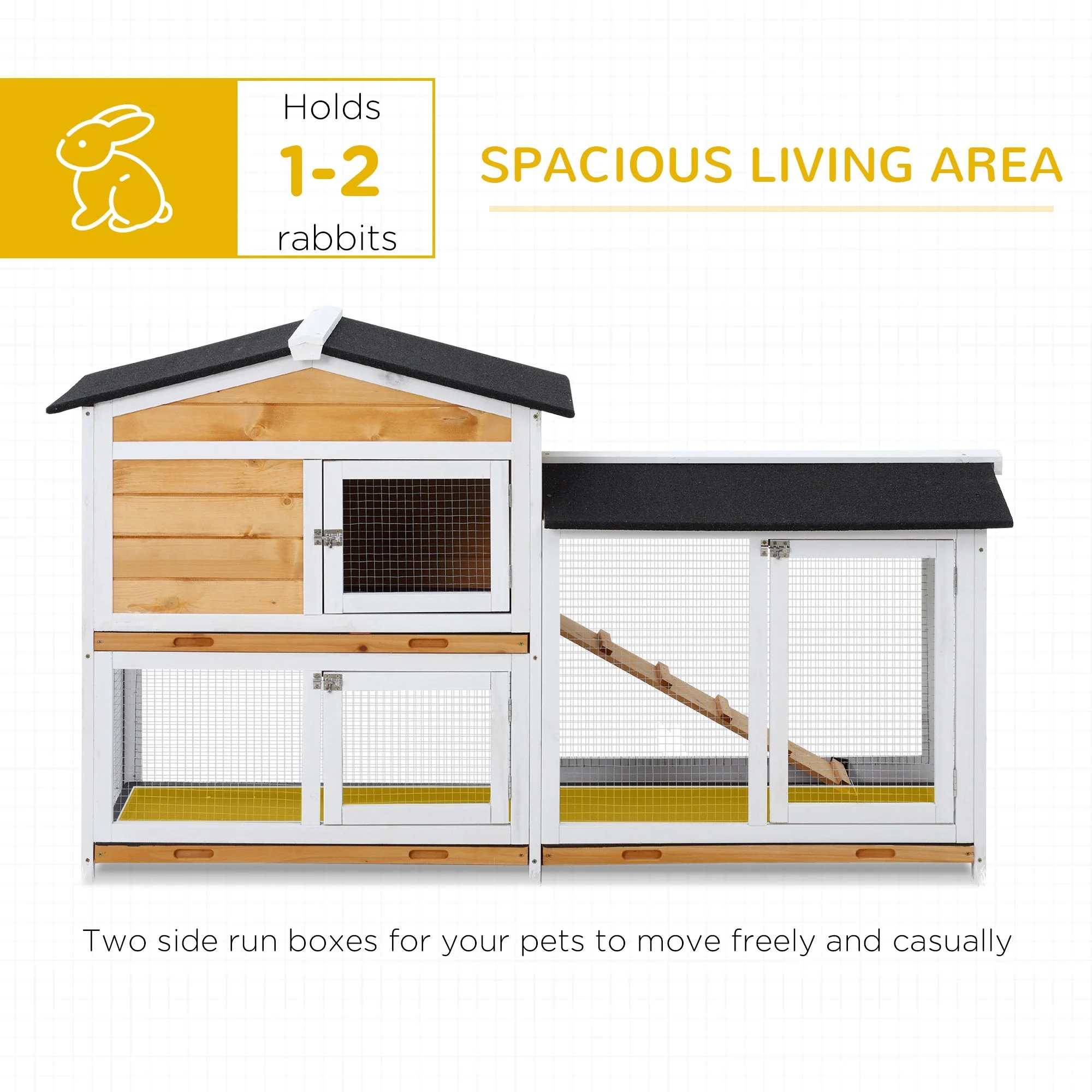 PawHut 2-Tier Wooden Rabbit Hutch Guinea Pig House Pet Cage Outdoor w/ Tray Ramp Yellow - Image 6