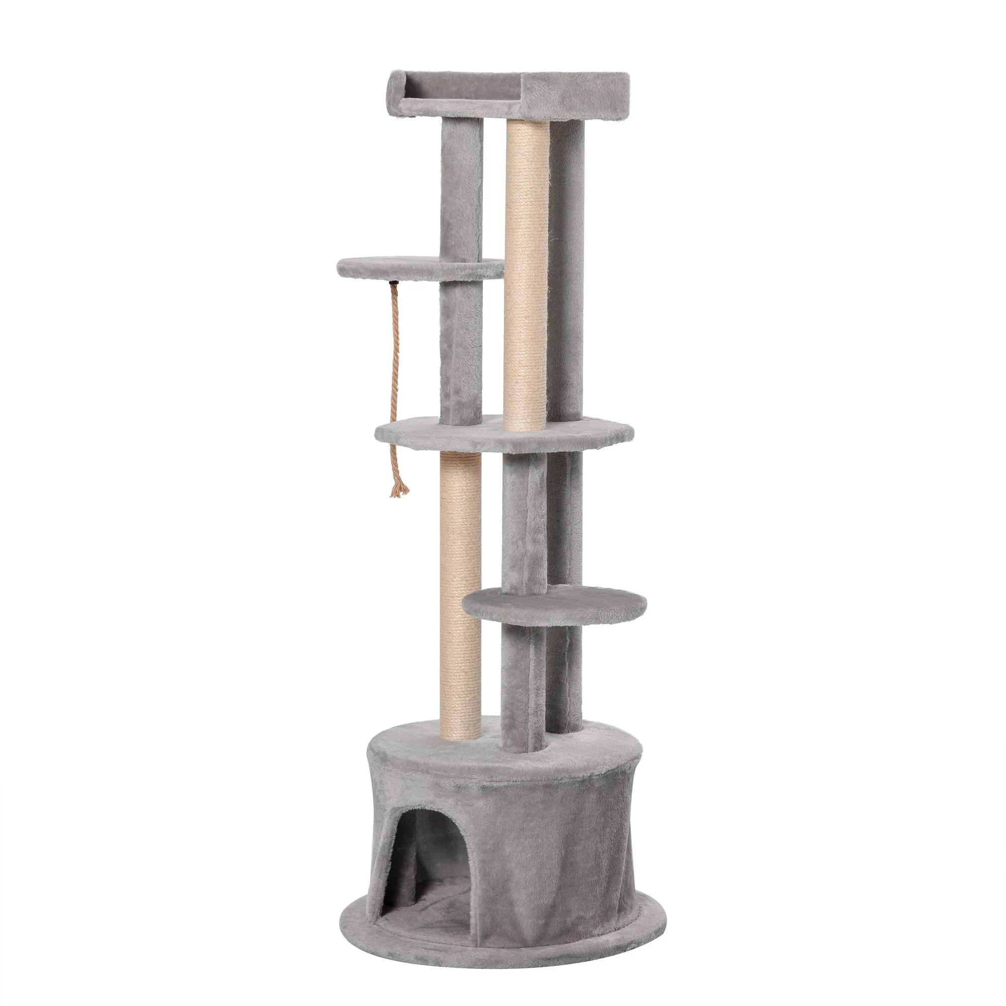 PawHut 55 x 150H cm Cat Tree Multi-level Kitten Tower w/ Scratching Post Condo Plush Perches Grey - Image 3