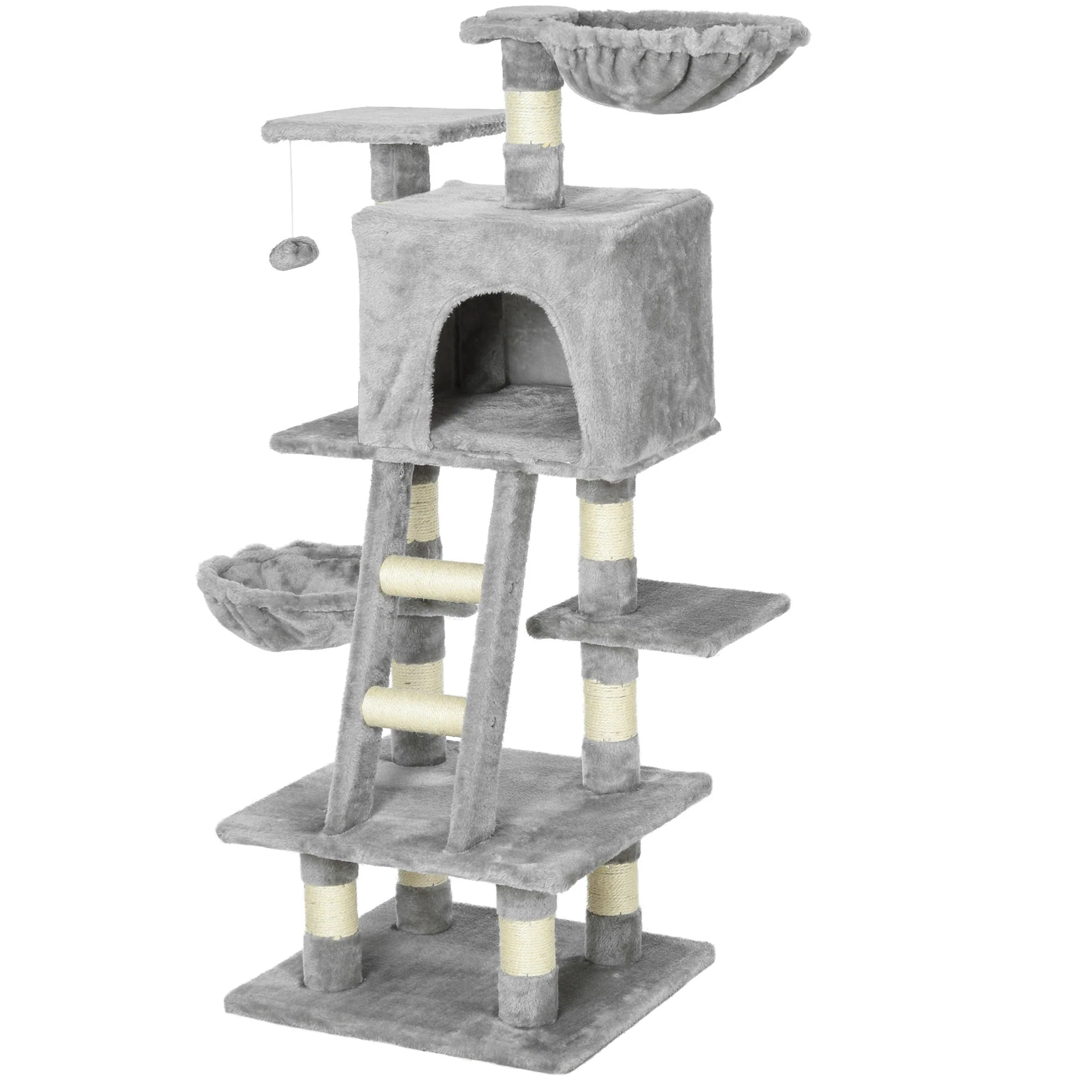 PawHut Cats 6-Tier Sisal Rope Activity Tree w/ Dangle Toy Grey - Image 2