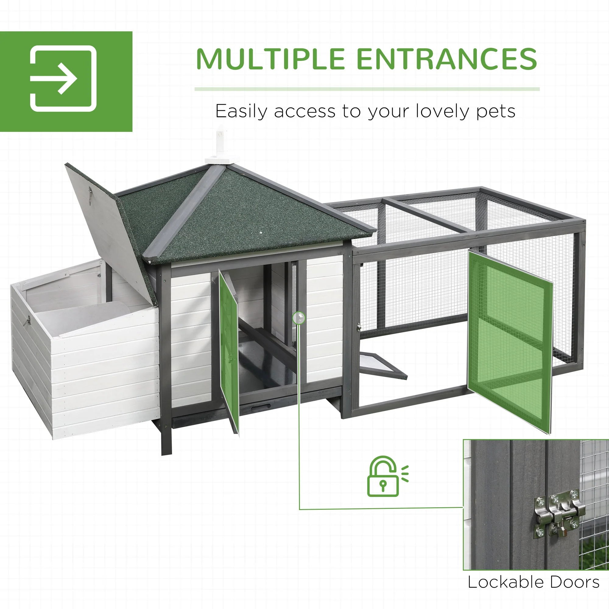 PawHut Chicken Coop with Run Hen House Poultry Coops Cages Pen Outdoor Backyard with Nesting Box 196 x 76 x 97cm Grey - Image 3