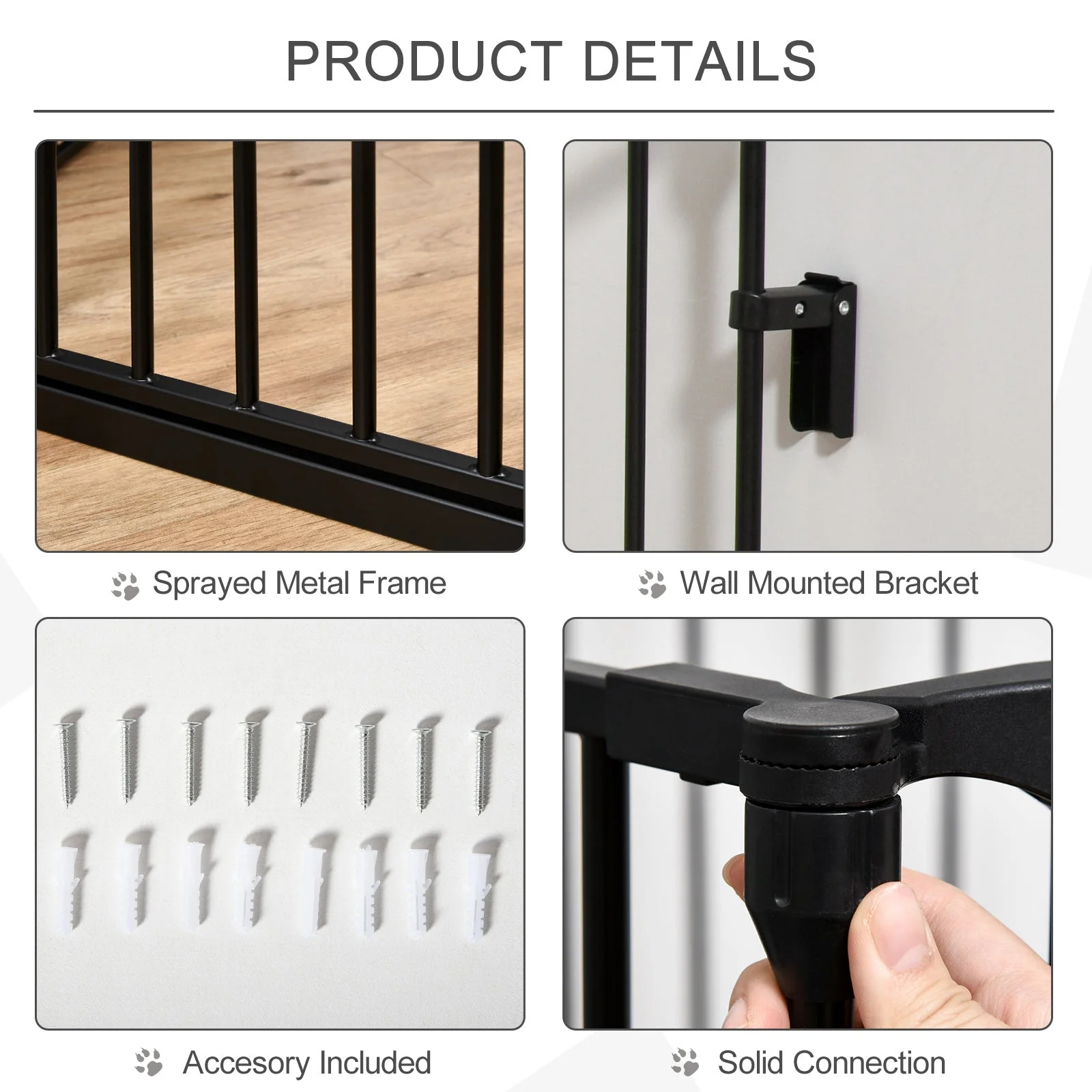 PawHut Pet Safety Gate 3-Panel Playpen Fireplace Christmas Tree Metal Fence Stair Barrier Room Divider with Walk Through Door Automatically Close Lock Black - Image 8
