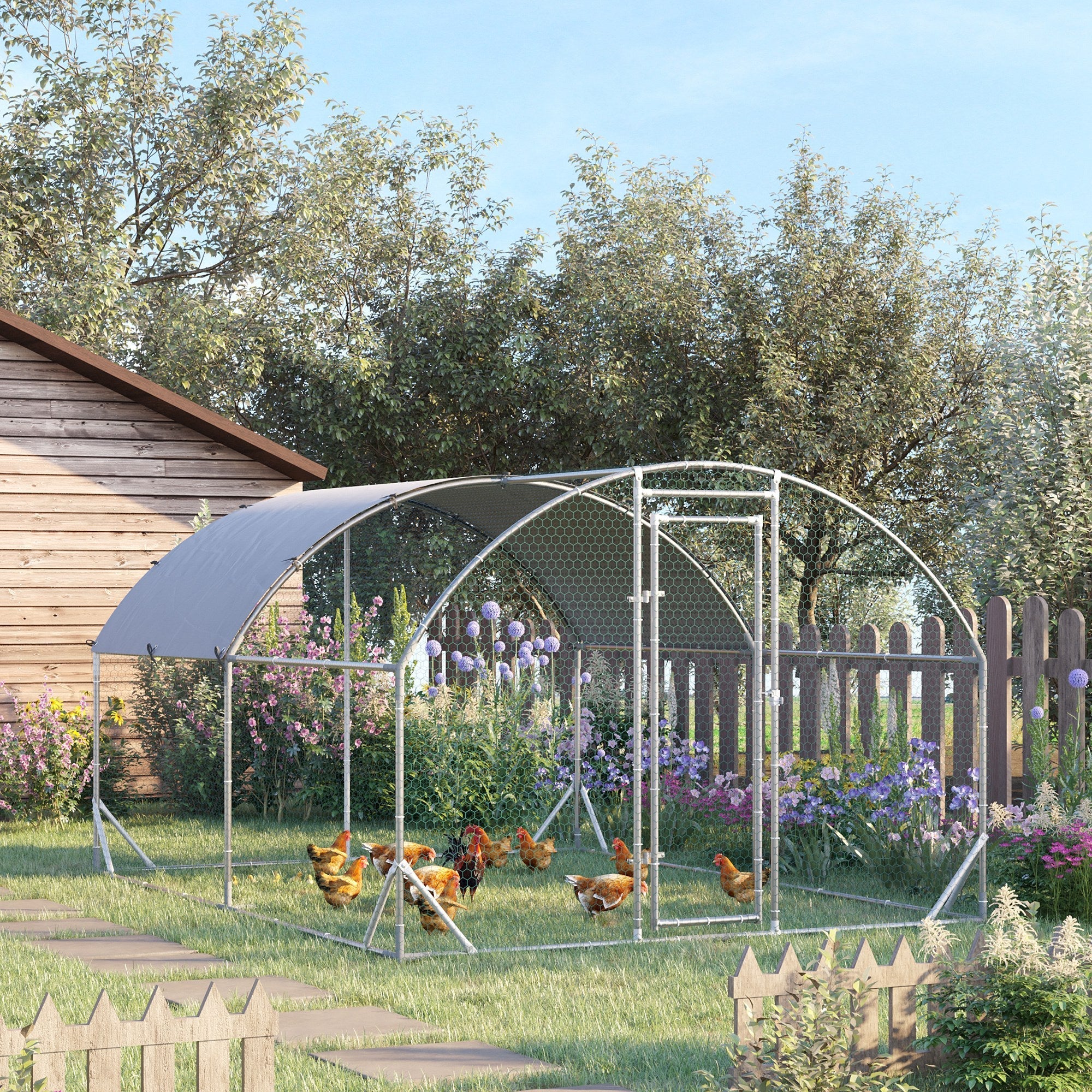 PawHut Walk In Chicken Run Galvanized Chicken Coop Hen Poultry House Cage Rabbit Hutch Pet Playpen Backyard with Water-Resist Cover - Image 4
