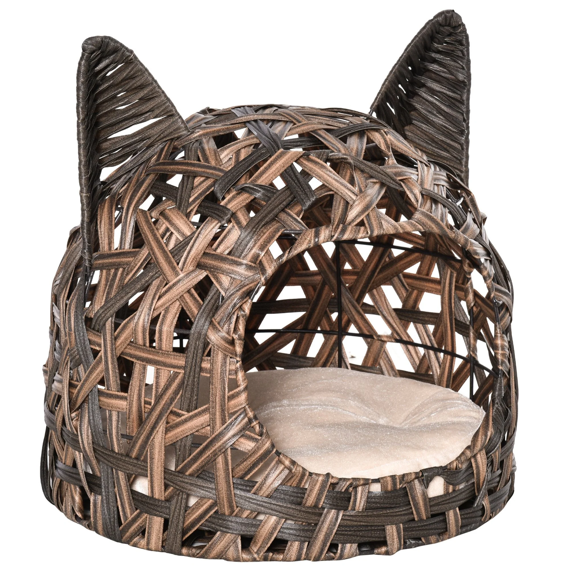 PawHut Wicker Cat Bed Rattan Kitten Basket Pet Den. House Cozy Cute-shaped Cave with Soft Cushion Brown - Image 2