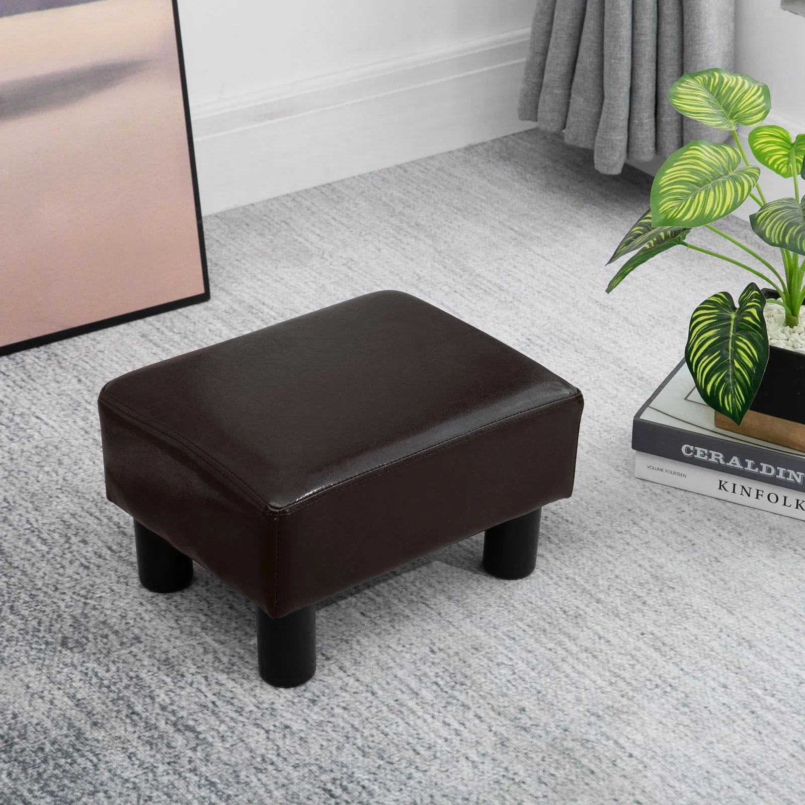 PU Leather Footstool Foot Rest Small Seat Foot Rest Chair Dark Brown Home Office with Legs 40 x 30 x 24cm - Image 2
