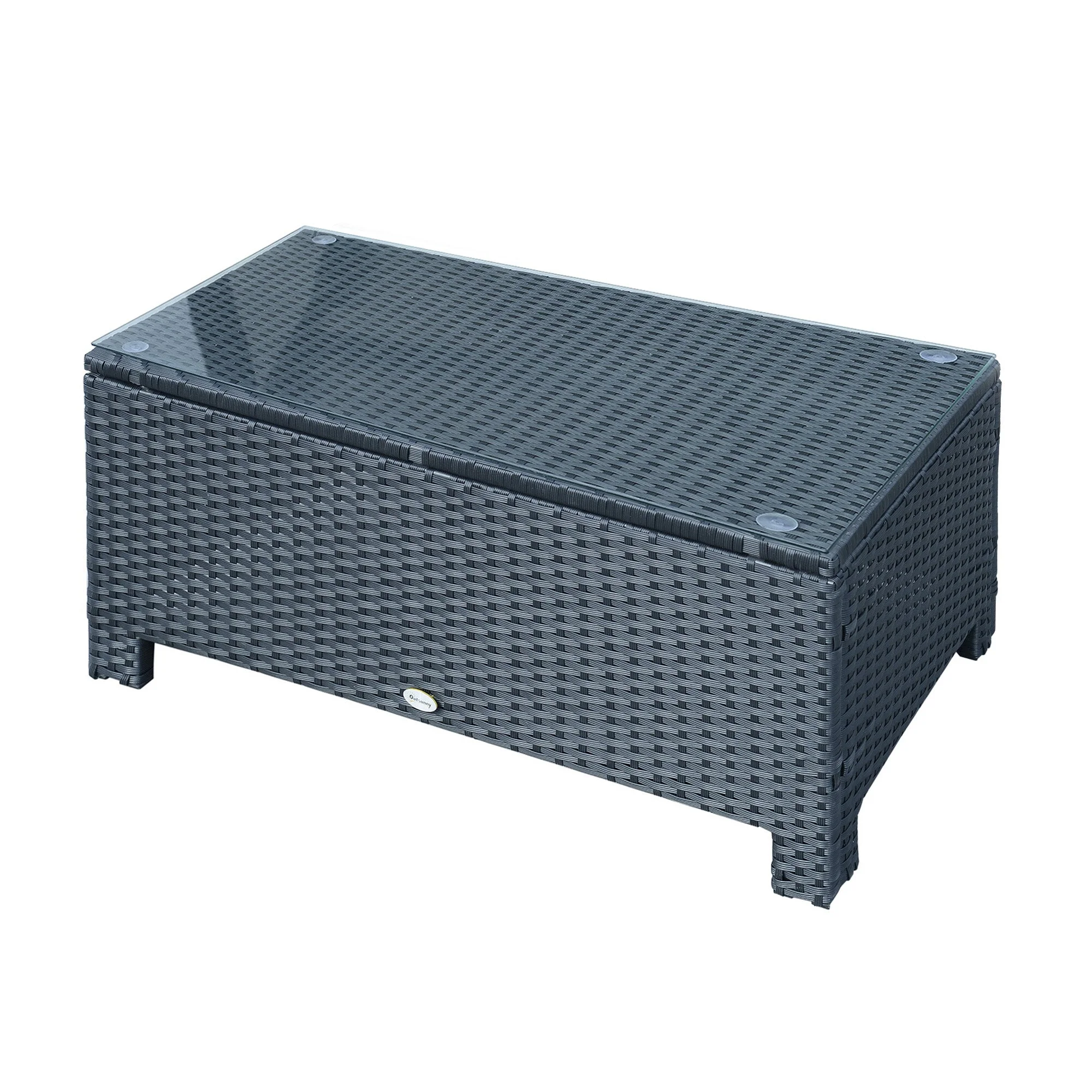 Rattan Garden Furniture Coffee Table Patio Iron Frame Tempered Glass Black