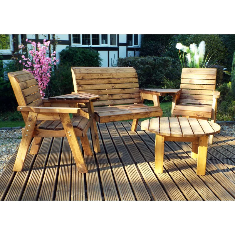 Scandinavian Redwood Garden Patio Dining Set by Charles Taylor - 4 Seats Burgundy Cushions - Image 2