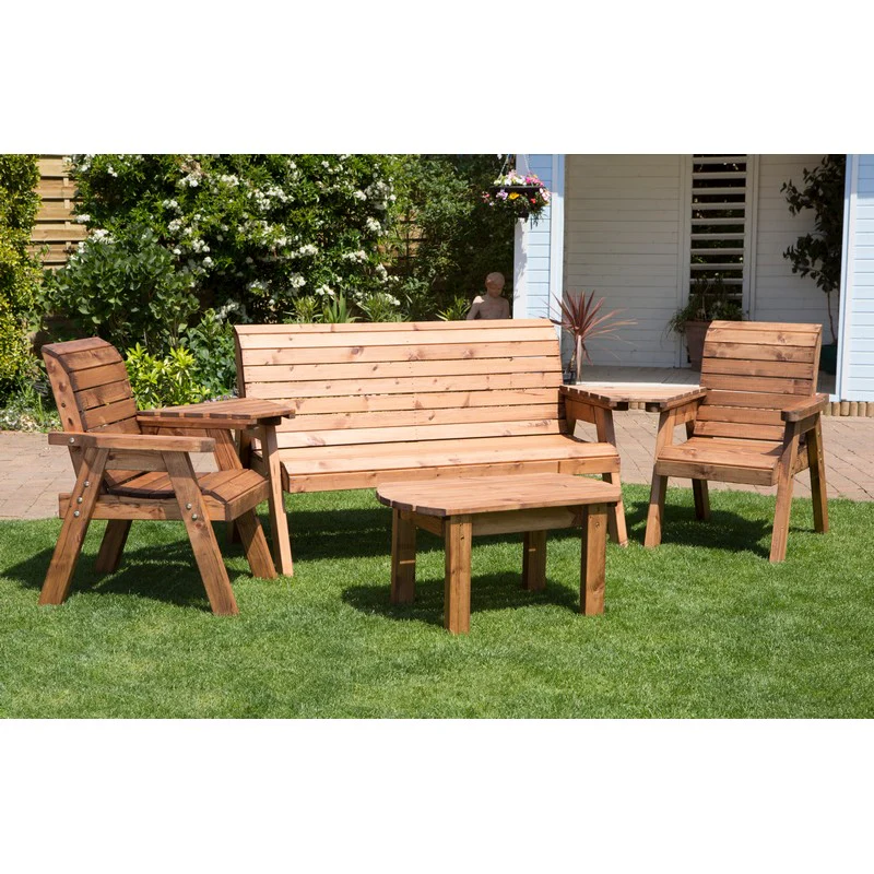 Scandinavian Redwood Garden Patio Dining Set by Charles Taylor - 5 Seats Burgundy Cushions - Image 2