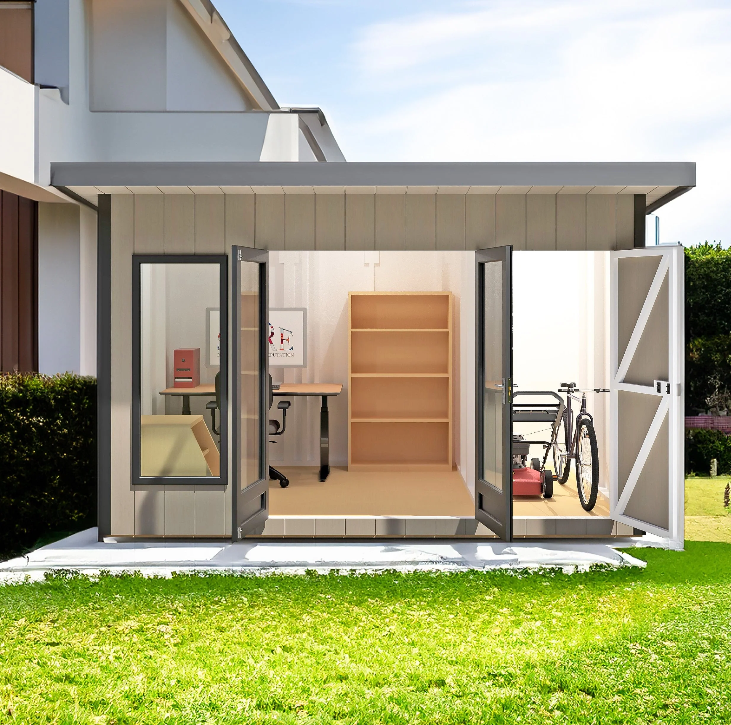 Shire Cali 12' 5" x 12' Pent Garden Office with Storage - Premium Wax Board - Image 3