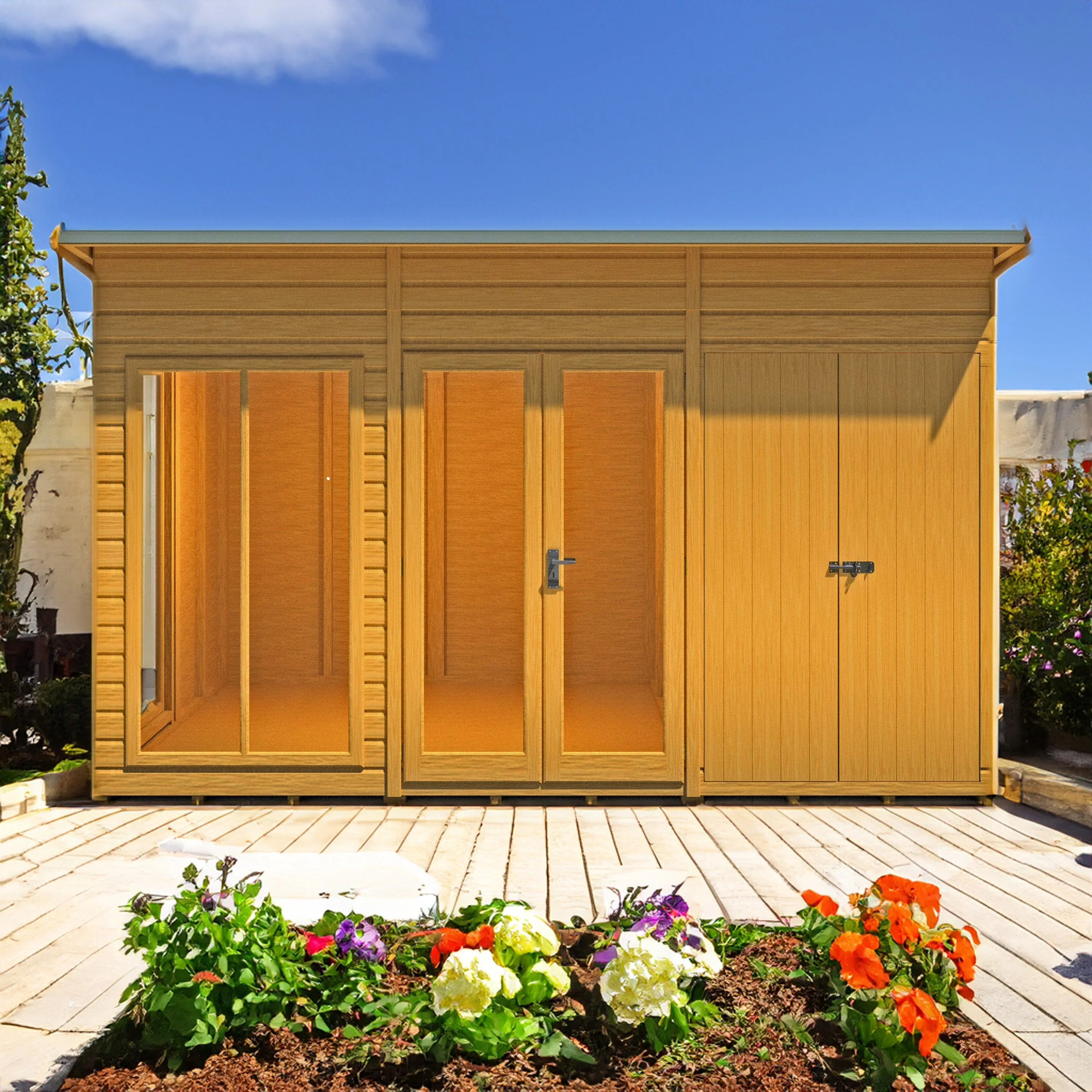 Shire Lela 5' 10" x 11' 8" Pent Summerhouse with Side Shed - Premium Dip Treated Shiplap
