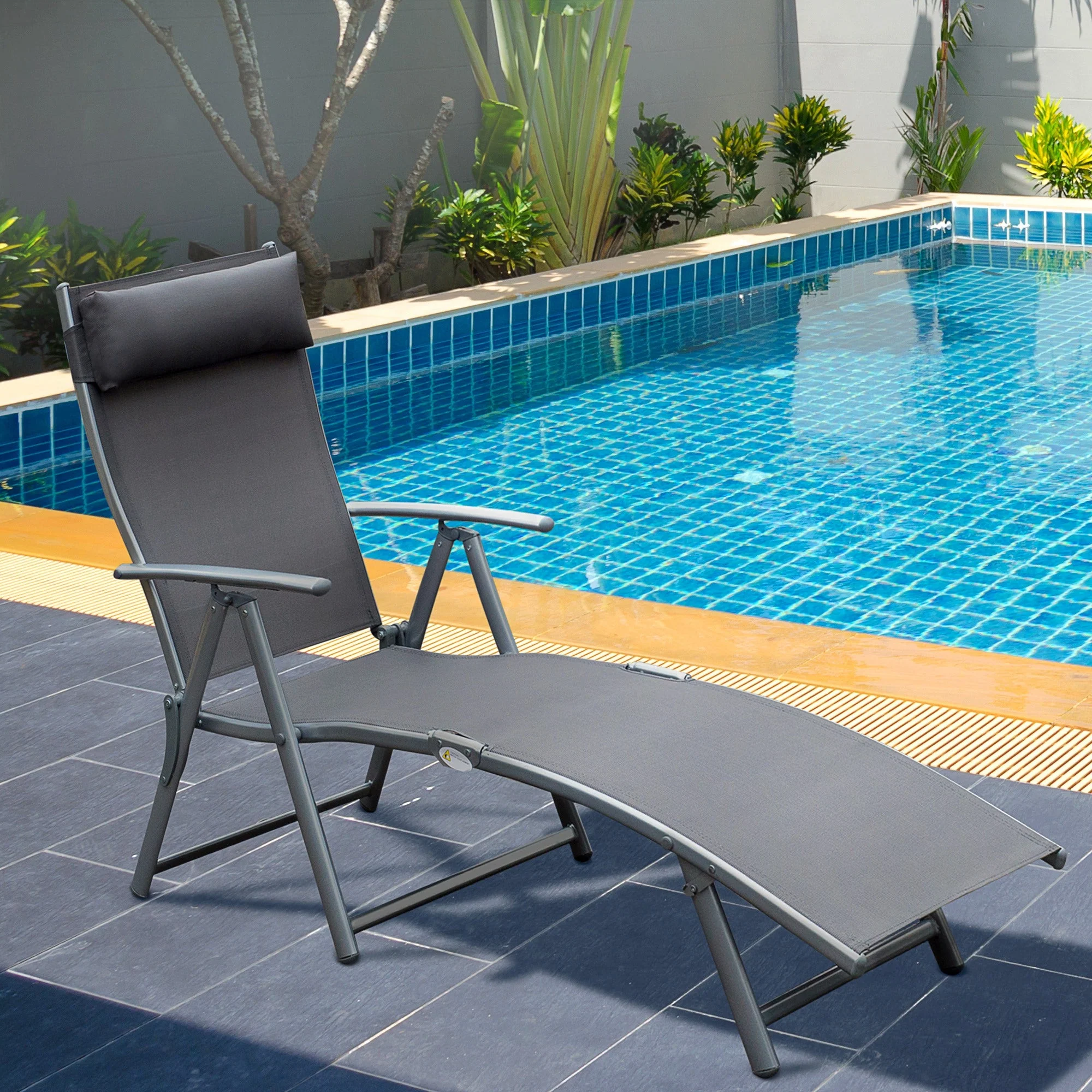 Sun Lounger Steel Frame Outdoor Folding Chaise Texteline Lounge Chair Recliner with Headrest & 7 Levels Adjustable Backrest